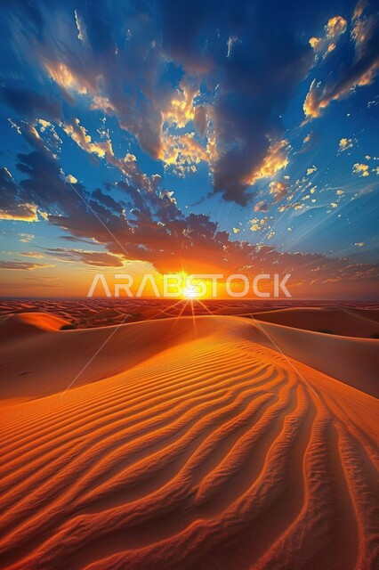 الكثبان الرملية في صحاري المملكة العربية السعودية، مشهد السماء المليئة بالغيوم اثناء غروب الشمس، الرمال الذهبية الناعمة في وسط الصحراء، الهضاب والتلال في المناطق الصحراوية في شبه الجزيرة العربية، خلفية الطبيعة