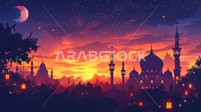أماكن أداء الفرائض والصلوات في المملكه العربية السعودية، هلال شهر رمضان في السماء وقت غروب الشمس، العبادة والتقرب إلى الله، مجموعة فوانيس معلقة مضاءة، الفن الهندسي المعماري للقبب والمآذن، صورة ظلية لمسجد على الطراز العربي الإسلامي، سالوييت