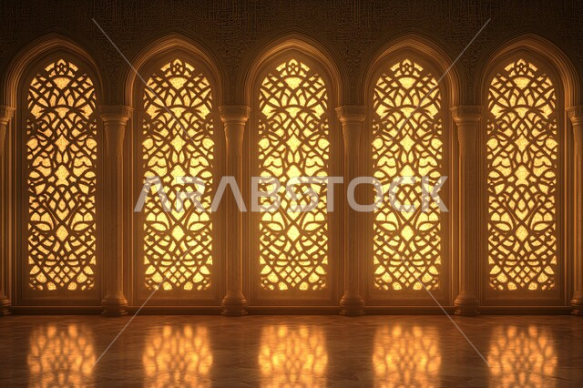 انعكاس اشعة الشمس عبر النافذة، شبكة نوافذ بنية المحفرة والمزخرفة بنقوش مميزة في وقت النهار، التصاميم الهندسية المعمارية المعقدة على الطراز الاسلامي للمساجد، ديكورات داخلية عريقة، الأناقة والتراث الثقافي التقليدي في مباني المملكة العربية السعودية