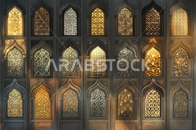  ديكورات داخلية عريقة، الأناقة والتراث الثقافي التقليدي في مباني المملكة العربية السعودية، شبكة نوافذ بنية المحفرة والمزخرفة بنقوش مميزة في وقت النهار، التصاميم الهندسية المعمارية المعقدة على الطراز الاسلامي للمساجد