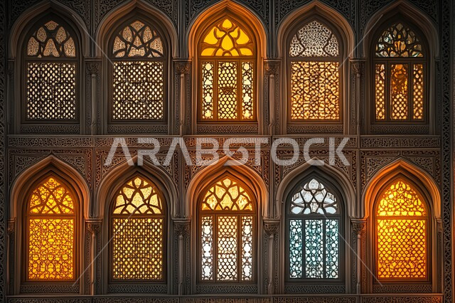  التصاميم الهندسية المعمارية المعقدة على الطراز الاسلامي للمساجد، ديكورات داخلية عريقة، الأناقة والتراث الثقافي التقليدي في مباني المملكة العربية السعودية، شبكة نوافذ بنية المحفرة والمزخرفة بنقوش مميزة في وقت النهار