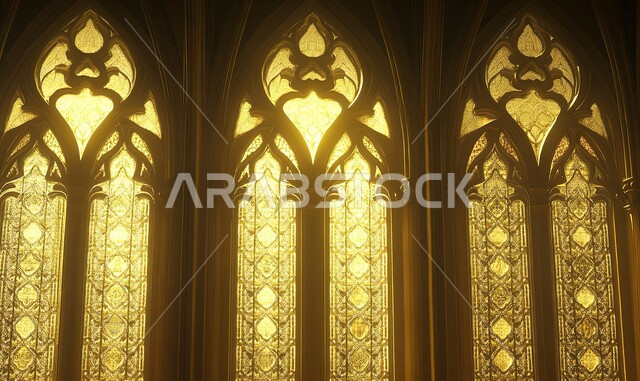 Complex architectural designs in Islamic style of mosques, ancient interior decorations, elegance and traditional cultural heritage in the buildings of Saudi Arabia, a network of windows engraved and decorated with distinctive carvings during the day