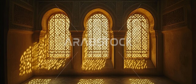 شبكة نوافذ بنية المحفرة والمزخرفة بنقوش مميزة في وقت النهار، التصاميم الهندسية المعمارية المعقدة على الطراز الاسلامي للمساجد، ديكورات داخلية عريقة، الأناقة والتراث الثقافي التقليدي في مباني المملكة العربية السعودية، انعكاس اشعة الشمس عبر النافذة