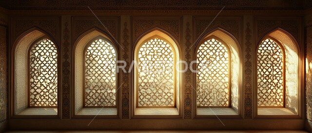 Sunlight reflection through the window, carved and patterned brown window grille during the day, intricate Islamic architectural designs of mosques, ancient interior decorations, elegance and traditional cultural heritage in Saudi Arabian buildings