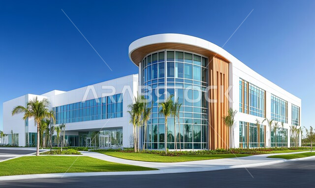 مبنى حديث بواجهات زجاجية ضخمة على الطراز الحديث، النمو والتقدم العمراني في العاصمة، جذب المستثمرين من شتى انحاء العالم، التصميم المتطورللمكاتب في المملكة العربية السعودية، الفن الهندسي المعماري للديكورات الخارجية العصرية المتميزة