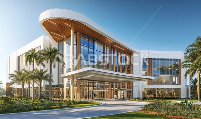Advanced architectural engineering art of buildings in the Kingdom of Saudi Arabia, interest in planting palm trees, attracting investors and visitors from all over the world, urban growth and progress in the capital, huge glass facades, distinctive modern exterior decorations and designs in a modern style