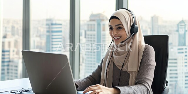 الرد على الاستعلامات والاستفسارات وخدمة العملاء، مهن ووظائف إدارية سعودية, استخدام التقنيات الحديثة والمتطورة بالأعمال المكتبية، صورة مقربة لموظفة عربية خليجية سعودية محجبة ترتدي الزي الكاجوال تجلس في مكتب أمام الحاسوب المحمول بايماءات البشاشة