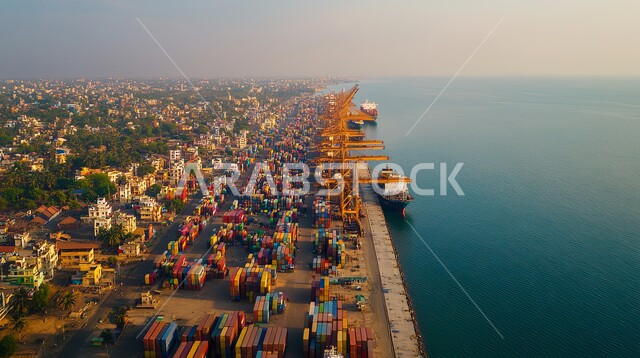 ميناء شحن مزدحم بالبضائع و الحاويات التجارية، تصدير واستيراد البضاعة في المملكة العربية السعودية, الاقتصاد البحري لنقل واستلام كونتينرات التخزين, صورة جوية لتجارة السلع والمنتجات المحلية عبر السفن في البحار