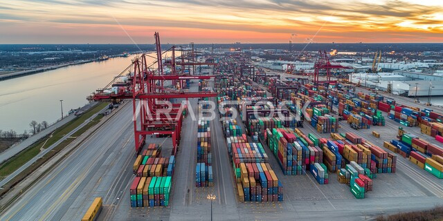 ميناء شحن مزدحم بالبضائع و الحاويات التجارية، تصدير واستيراد البضاعة في المملكة العربية السعودية, الاقتصاد البحري لنقل واستلام كونتينرات التخزين, صورة جوية لتجارة السلع والمنتجات المحلية عبر السفن في البحار