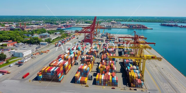 Trading local goods and products via ships at sea, using modern advanced means in importing and exporting goods in Saudi Arabia, aerial photo of ports of loading goods and commercial containers, maritime economy for transporting and receiving storage containers