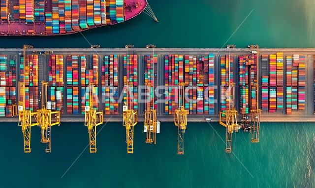 Maritime economy for transporting and receiving storage containers, port of loading goods and commercial containers, aerial photo of a commercial port for delivering goods and local products via ships at sea, import and export of goods in the Kingdom of Saudi Arabia
