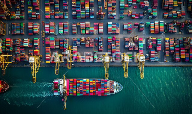 Maritime economy for transporting and receiving storage containers, port of loading goods and commercial containers, aerial photo of a commercial port for delivering goods and local products via ships at sea, import and export of goods in the Kingdom of Saudi Arabia