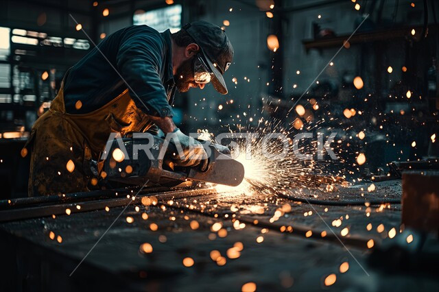 المهارة في اتقان العمل في مصنع الحداده، المعدات والآلات الثقيلة، خط إنتاج الفولاذ والمعادن المختلفة, حداد عربي خليجي سعودي يرتدي ملابس الحماية والنظارة يقوم بلحام الحديد، مصانع المعادن الخام في المملكة العربية السعودية