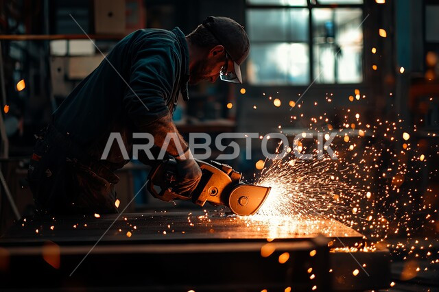 مصانع المعادن الخام في المملكة العربية السعودية, المهارة في اتقان العمل في مصنع الحداده، المعدات والآلات الثقيلة، خط إنتاج الفولاذ والمعادن المختلفة, حداد عربي خليجي سعودي يرتدي ملابس الحماية والنظارة يقوم بلحام الحديد