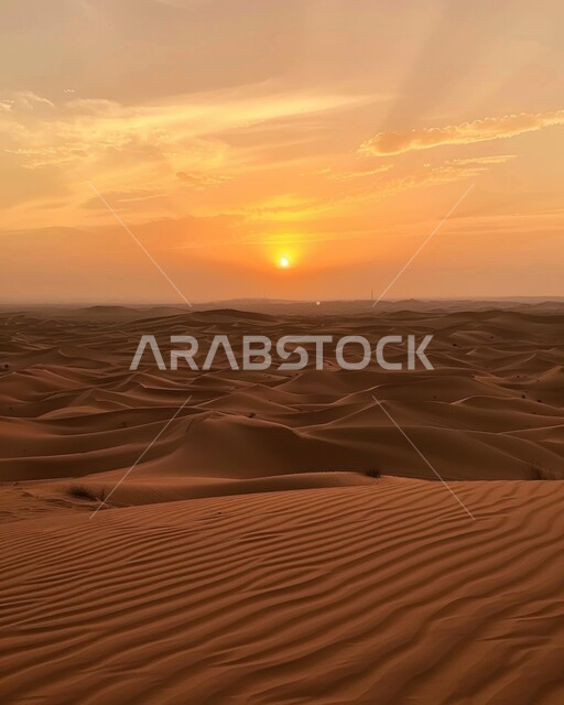 التضاريس والبيئة الجافة في الطبيعة الصحراوية، الكثبان والتلال الرملية الناعمة المتشكلة في الصحاري الخليجية, التكوينات والتشكيلات من الرمال الذهبية في صحراء شبه الجزيرة العربية، منظر غروب الشمس في السماء فوق حبات الرمل 