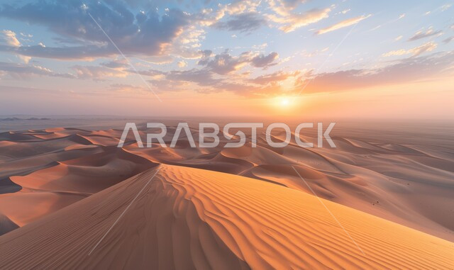التضاريس والبيئة الجافة في الطبيعة الصحراوية، الكثبان والتلال الرملية الناعمة المتشكلة في الصحاري الخليجية, التكوينات والتشكيلات من الرمال الذهبية في صحراء شبه الجزيرة العربية، منظر غروب الشمس في السماء فوق حبات الرمل 