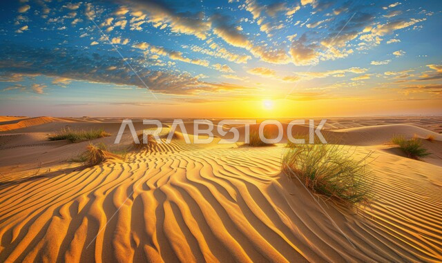 Topography and dry environment in desert nature, soft sand dunes and hills formed in the Gulf deserts, formations and formations of golden sand in the Arabian Peninsula desert, sunset view in the sky over grains of sand