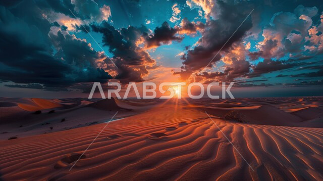 التضاريس والبيئة الجافة في الطبيعة الصحراوية، الكثبان والتلال الرملية الناعمة المتشكلة في الصحاري الخليجية, التكوينات والتشكيلات من الرمال الذهبية في صحراء شبه الجزيرة العربية، منظر غروب الشمس في السماء فوق حبات الرمل 