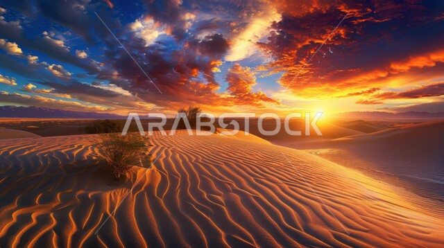 التضاريس والبيئة الجافة في الطبيعة الصحراوية، الكثبان والتلال الرملية الناعمة المتشكلة في الصحاري الخليجية, التكوينات والتشكيلات من الرمال الذهبية في صحراء شبه الجزيرة العربية، منظر غروب الشمس في السماء فوق حبات الرمل 