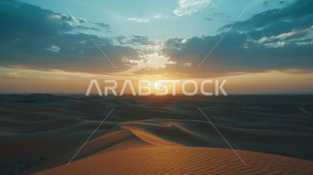 التضاريس والبيئة الجافة في الطبيعة الصحراوية، الكثبان والتلال الرملية الناعمة المتشكلة في الصحاري الخليجية, التكوينات والتشكيلات من الرمال الذهبية في صحراء شبه الجزيرة العربية، منظر غروب الشمس في السماء فوق حبات الرمل 