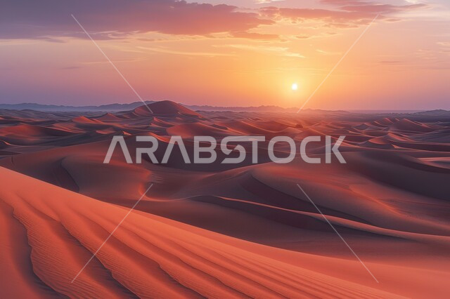 التضاريس والبيئة الجافة في الطبيعة الصحراوية، الكثبان والتلال الرملية الناعمة المتشكلة في الصحاري الخليجية, التكوينات والتشكيلات من الرمال الذهبية في صحراء شبه الجزيرة العربية، منظر غروب الشمس في السماء فوق حبات الرمل 