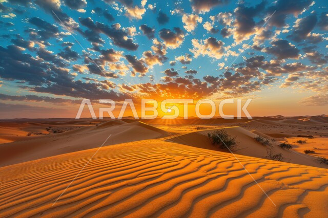 Topography and dry environment in desert nature, soft sand dunes and hills formed in the Gulf deserts, formations and formations of golden sand in the Arabian Peninsula desert, sunset view in the sky over grains of sand