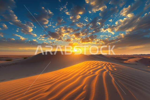 التضاريس والبيئة الجافة في الطبيعة الصحراوية، الكثبان والتلال الرملية الناعمة المتشكلة في الصحاري الخليجية, التكوينات والتشكيلات من الرمال الذهبية في صحراء شبه الجزيرة العربية، منظر غروب الشمس في السماء فوق حبات الرمل 