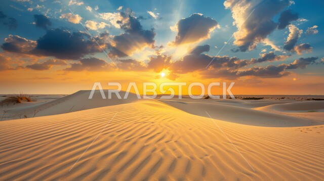 الكثبان والتلال الرملية الناعمة المتشكلة في الصحاري الخليجية, التضاريس والبيئة الجافة في الطبيعة الصحراوية،  التكوينات والتشكيلات من الرمال الذهبية في صحراء شبه الجزيرة العربية، منظر غروب الشمس في السماء فوق حبات الرمل 