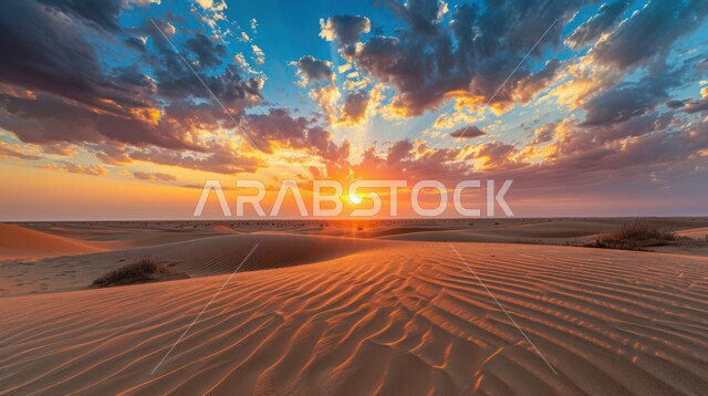 الكثبان والتلال الرملية الناعمة المتشكلة في الصحاري الخليجية, التضاريس والبيئة الجافة في الطبيعة الصحراوية،  التكوينات والتشكيلات من الرمال الذهبية في صحراء شبه الجزيرة العربية، منظر غروب الشمس في السماء فوق حبات الرمل 