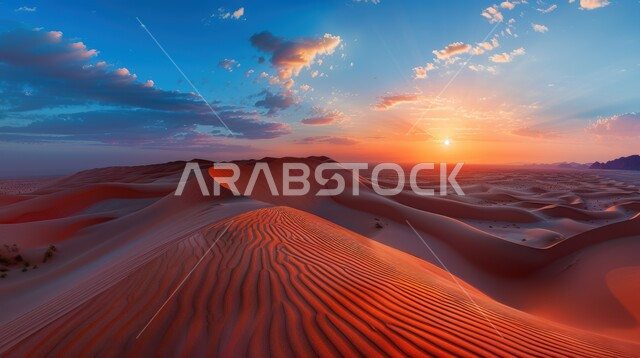 الكثبان والتلال الرملية الناعمة المتشكلة في الصحاري الخليجية, التضاريس والبيئة الجافة في الطبيعة الصحراوية،  التكوينات والتشكيلات من الرمال الذهبية في صحراء شبه الجزيرة العربية، منظر غروب الشمس في السماء فوق حبات الرمل 