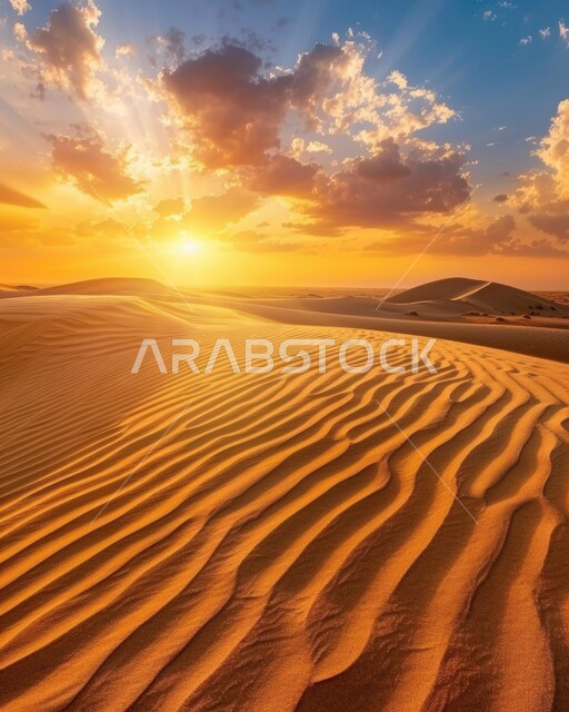 الكثبان والتلال الرملية الناعمة المتشكلة في الصحاري الخليجية, التضاريس والبيئة الجافة في الطبيعة الصحراوية،  التكوينات والتشكيلات من الرمال الذهبية في صحراء شبه الجزيرة العربية، منظر غروب الشمس في السماء فوق حبات الرمل 