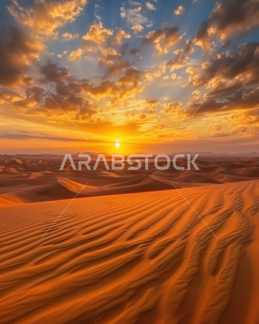 Soft sand dunes and hills formed in the Gulf deserts, topography and dry environment in desert nature, formations and formations of golden sand in the Arabian Peninsula desert, sunset view in the sky over grains of sand