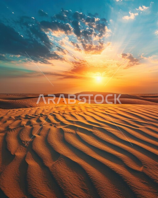 الكثبان والتلال الرملية الناعمة المتشكلة في الصحاري الخليجية, التضاريس والبيئة الجافة في الطبيعة الصحراوية،  التكوينات والتشكيلات من الرمال الذهبية في صحراء شبه الجزيرة العربية، منظر غروب الشمس في السماء فوق حبات الرمل 