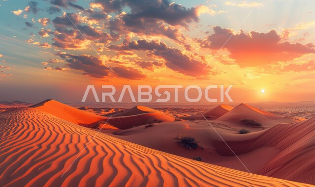 الكثبان والتلال الرملية الناعمة المتشكلة في الصحاري الخليجية, التضاريس والبيئة الجافة في الطبيعة الصحراوية،  التكوينات والتشكيلات من الرمال الذهبية في صحراء شبه الجزيرة العربية، منظر غروب الشمس في السماء فوق حبات الرمل 