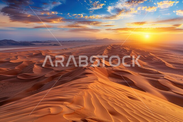 التكوينات والتشكيلات من الرمال الذهبية في صحراء شبه الجزيرة العربية، الكثبان والتلال الرملية الناعمة المتشكلة في الصحاري الخليجية, التضاريس والبيئة الجافة في الطبيعة الصحراوية، منظر غروب الشمس في السماء فوق حبات الرمل 