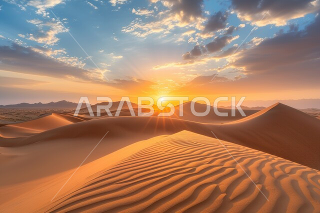 Formations and formations of golden sand in the Arabian Peninsula desert, dunes and soft sand hills formed in the Gulf deserts, terrain and dry environment in desert nature, sunset view in the sky over grains of sand