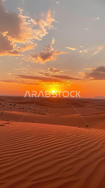 التكوينات والتشكيلات من الرمال الذهبية في صحراء شبه الجزيرة العربية، الكثبان والتلال الرملية الناعمة المتشكلة في الصحاري الخليجية, التضاريس والبيئة الجافة في الطبيعة الصحراوية، منظر غروب الشمس في السماء فوق حبات الرمل 