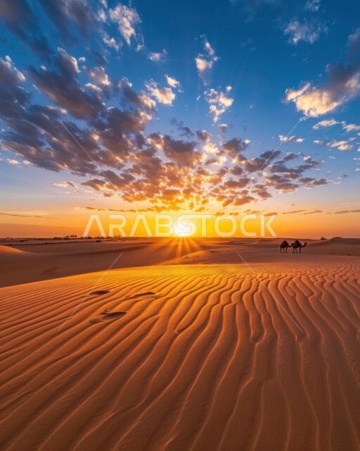 Formations and formations of golden sand in the Arabian Peninsula desert, dunes and soft sand hills formed in the Gulf deserts, terrain and dry environment in desert nature, sunset view in the sky over grains of sand