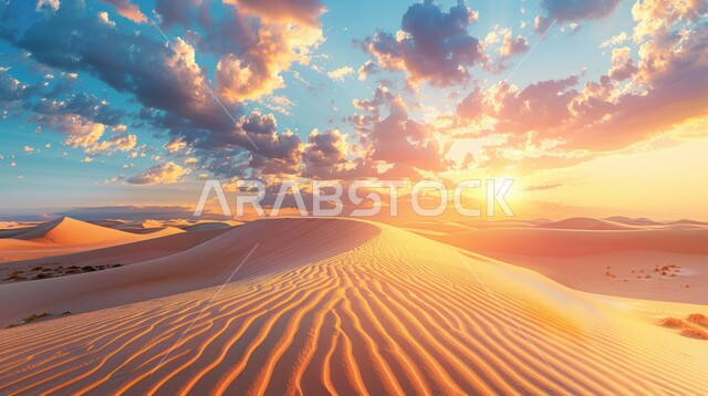 التكوينات والتشكيلات من الرمال الذهبية في صحراء شبه الجزيرة العربية، الكثبان والتلال الرملية الناعمة المتشكلة في الصحاري الخليجية, التضاريس والبيئة الجافة في الطبيعة الصحراوية، منظر غروب الشمس في السماء فوق حبات الرمل 
