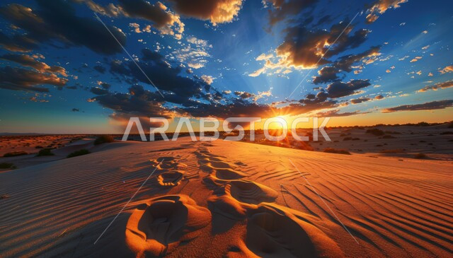 Sunset view in the sky over grains of sand, formations and formations of golden sand in the Arabian Peninsula desert, dunes and soft sand hills formed in the Gulf deserts, terrain and dry environment in desert nature