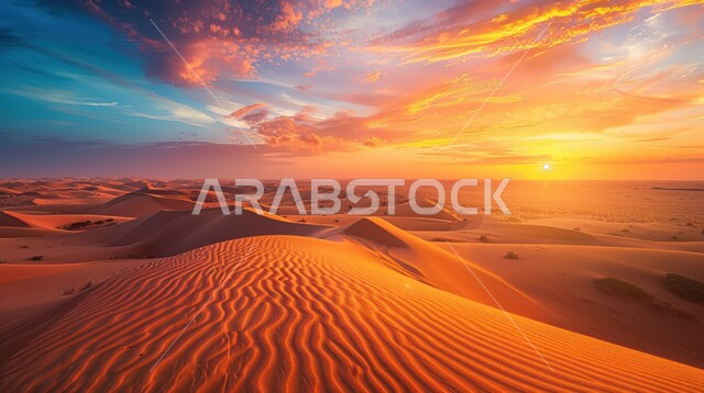  منظر غروب الشمس في السماء فوق حبات الرمل، التكوينات والتشكيلات من الرمال الذهبية في صحراء شبه الجزيرة العربية، الكثبان والتلال الرملية الناعمة المتشكلة في الصحاري الخليجية, التضاريس والبيئة الجافة في الطبيعة الصحراوية