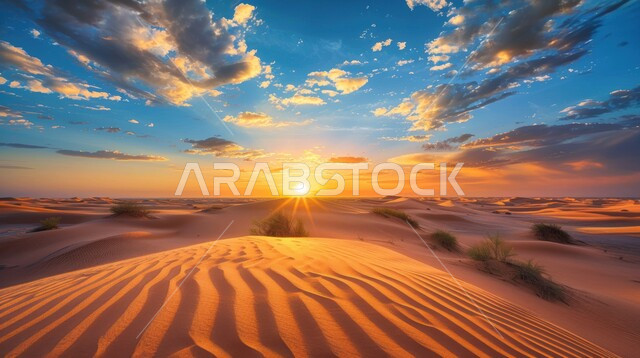  منظر غروب الشمس في السماء فوق حبات الرمل، التكوينات والتشكيلات من الرمال الذهبية في صحراء شبه الجزيرة العربية، الكثبان والتلال الرملية الناعمة المتشكلة في الصحاري الخليجية, التضاريس والبيئة الجافة في الطبيعة الصحراوية
