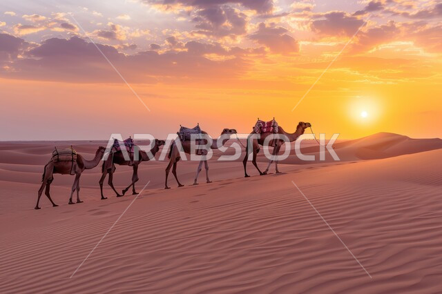 مجموعة من الجمال تسير فوق الكثبان الرملية في الصحراء، استخدام الإبل في التنقل في صحارى المملكة العربية السعودية، المناظر الطبيعية والرمال الذهبية الناعمة، أماكن سياحية صحراوية، منظر غروب الشمس فوق حبات الرمل