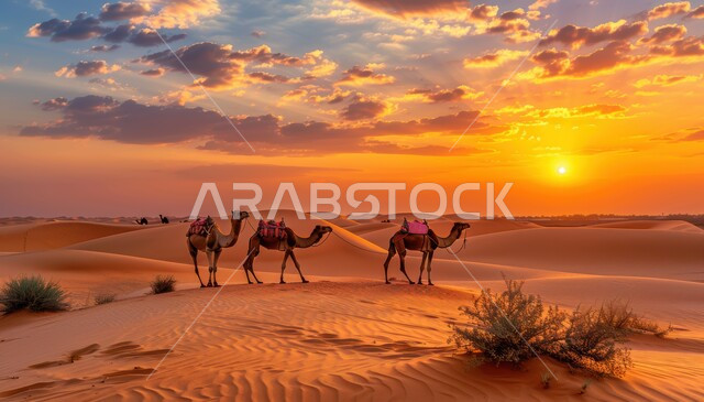 مجموعة من الجمال تسير فوق الكثبان الرملية في الصحراء، استخدام الإبل في التنقل في صحارى المملكة العربية السعودية، المناظر الطبيعية والرمال الذهبية الناعمة، أماكن سياحية صحراوية، منظر غروب الشمس فوق حبات الرمل