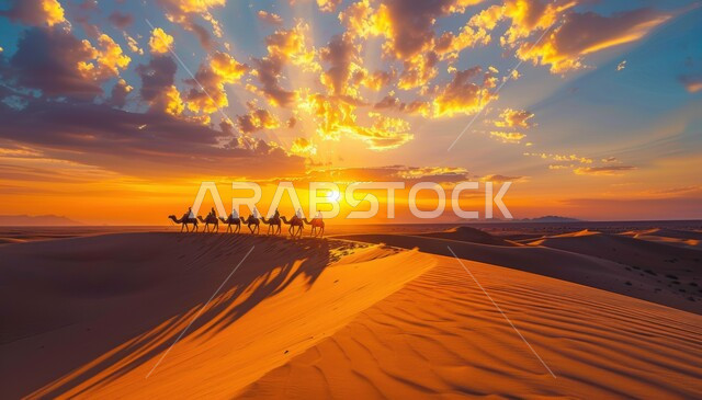 مجموعة من الجمال تسير فوق الكثبان الرملية في الصحراء، استخدام الإبل في التنقل في صحارى المملكة العربية السعودية، المناظر الطبيعية والرمال الذهبية الناعمة، أماكن سياحية صحراوية، منظر غروب الشمس فوق حبات الرمل