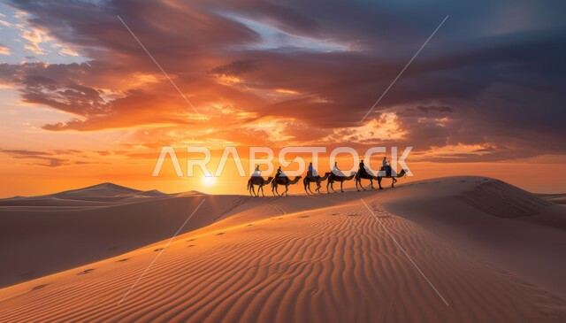 مجموعة من الجمال تسير فوق الكثبان الرملية في الصحراء، استخدام الإبل في التنقل في صحارى المملكة العربية السعودية، المناظر الطبيعية والرمال الذهبية الناعمة، أماكن سياحية صحراوية، منظر غروب الشمس فوق حبات الرمل
