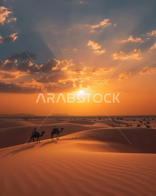 مجموعة من الجمال تسير فوق الكثبان الرملية في الصحراء، استخدام الإبل في التنقل في صحارى المملكة العربية السعودية، المناظر الطبيعية والرمال الذهبية الناعمة، أماكن سياحية صحراوية، منظر غروب الشمس فوق حبات الرمل