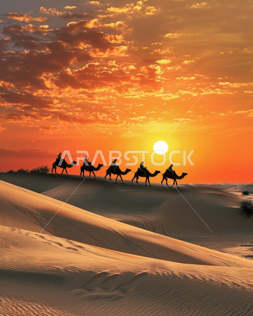 مجموعة من الجمال تسير فوق الكثبان الرملية في الصحراء، استخدام الإبل في التنقل في صحارى المملكة العربية السعودية، المناظر الطبيعية والرمال الذهبية الناعمة، أماكن سياحية صحراوية، منظر غروب الشمس فوق حبات الرمل