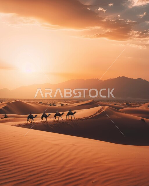 A group of camels walking over sand dunes in the desert, using camels to move around in the deserts of Saudi Arabia, natural scenery and soft golden sand, desert tourist places, sunset view over grains of sand