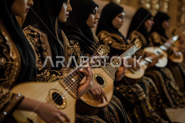 ممارسة هواية العزف باستخدام آلة الكمان الوترية، مجموعة من الشابات الخليجيات السعوديات المحجبات يقومون بالعزف على آلة الكمان، تقديم البرامج والفنون الموسيقية والفن المسرحي، مواهب فنية موسيقية، جلسة وناسة وطرب